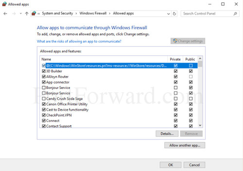 allow an app or feature through Windows Firewall