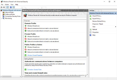 Windows firewall advanced settings