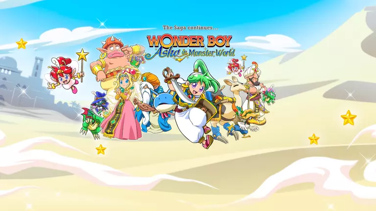 Wonder Boy: Asha in Monster World game art showing characters with sand in the background.