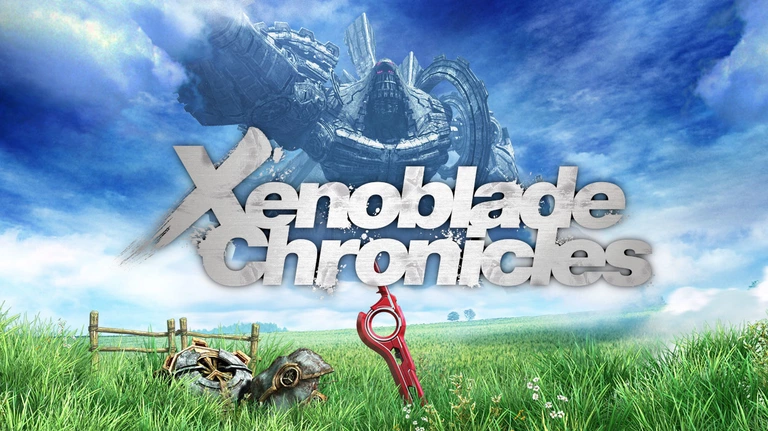 Xenoblade Chronicles game artwork featuring titan Mechonis and the sword Monado