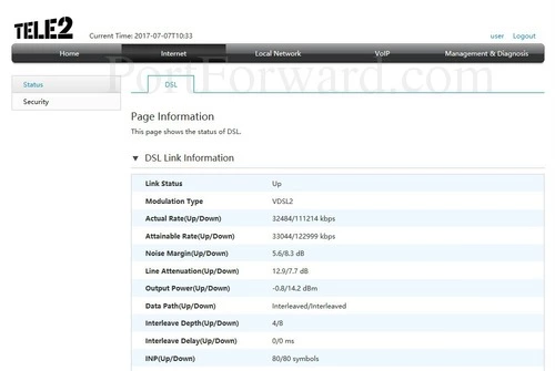 ZTE H369A Internet Status