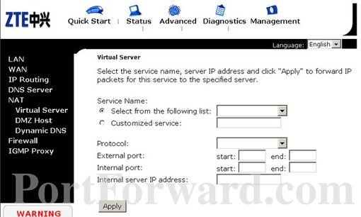 ZTE ZXDSL831v4.1 port forward