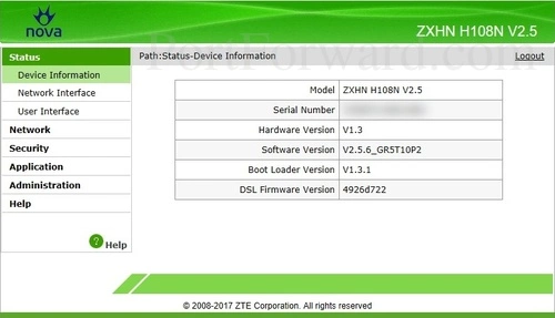 ZTE ZXHN H108N Device Information