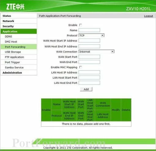 ZTE ZXV10-H201L port forward