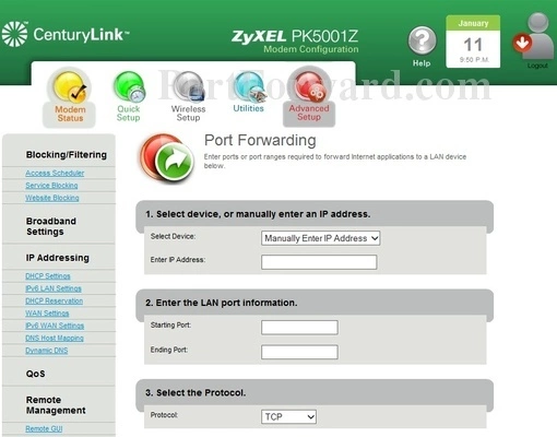 ZyXEL PK5001Z-CenturyLink port forward