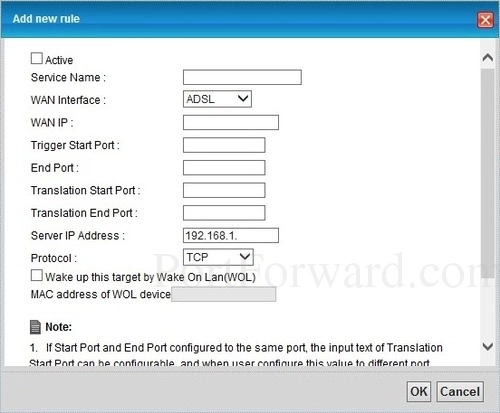 ZyXEL VMG8324-B10A Port Forwarding Add